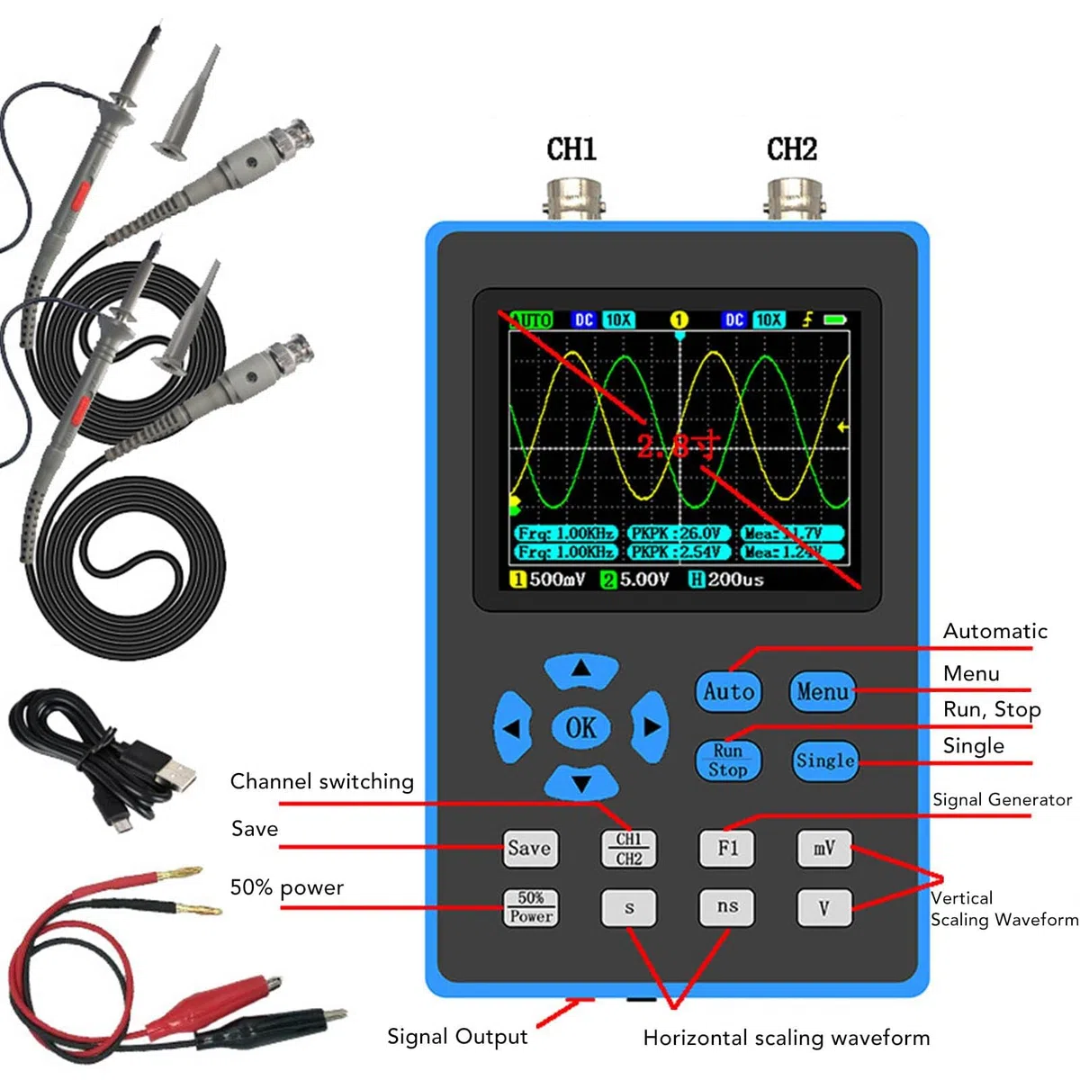 Oscilloscope Numérique avec Bande Passante 2 Canaux 120 MHz, Oscilloscope Numérique Portable, écran LCD rétroéclairé 2,8, 3 Modes, YT, XY, Roll, FFT