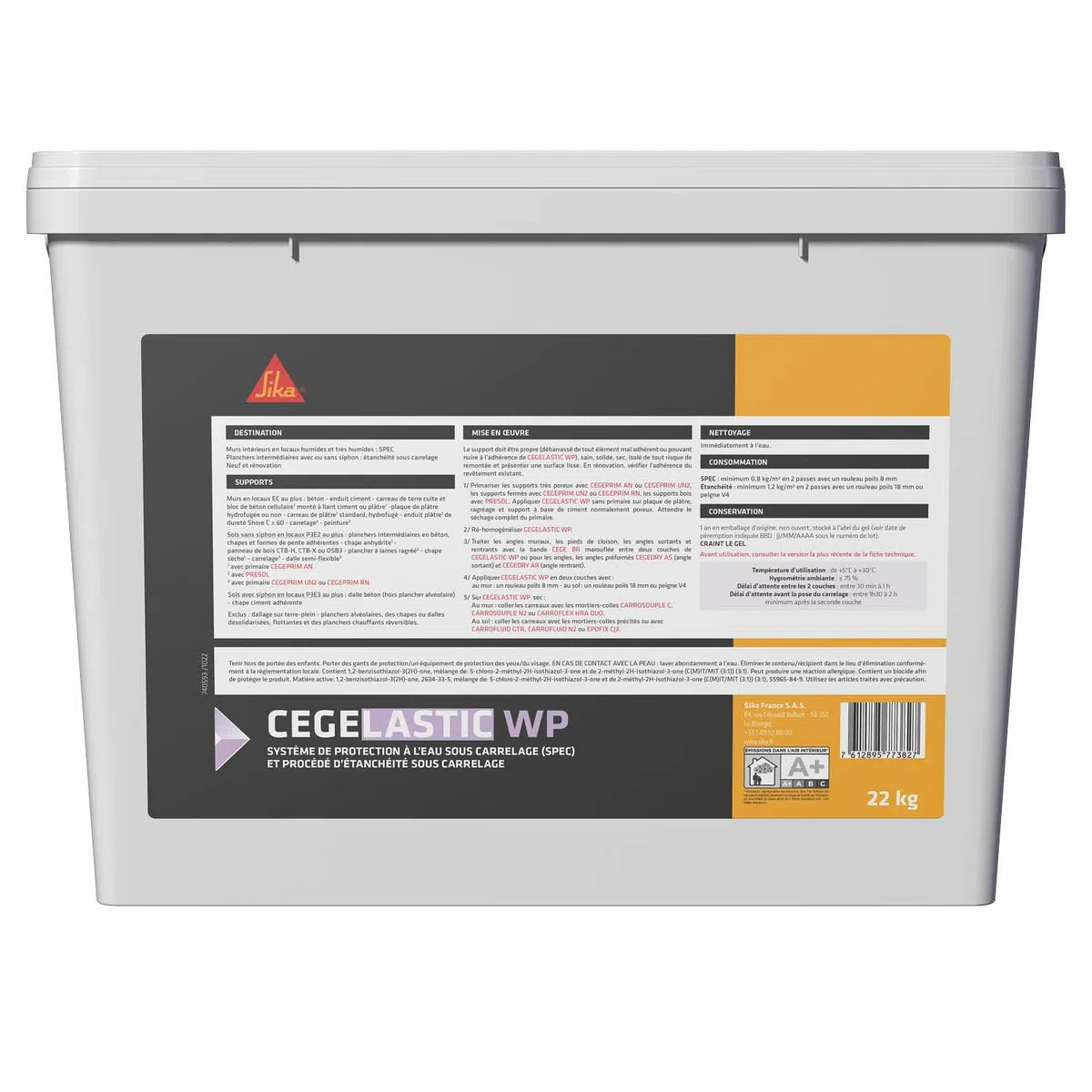 CEGECOL SIKA - Système de Protection à l’Eau sous Carrelage (SEPI) et d’Étanchéité de Plancher Intermédiaire (SEPI) - CEGELASTIC WP Gris - Idéal douche à l'italienne - Seau de 22 kg