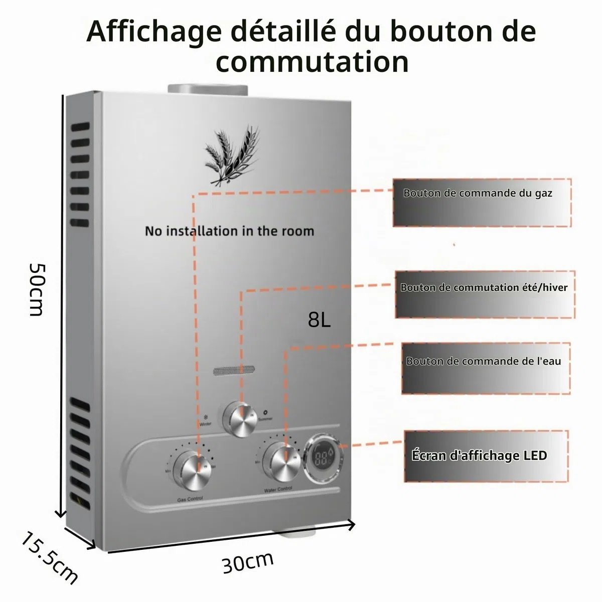 Générique 8L Chauffe-Eau à Gaz,8 L/Min,Instantané Chauffe Bain à Gaz Propane ou Butane,16KW Chaudière Instantanée à GPL avec Mode Hiver et Mode été pour Maison Camping Caravane