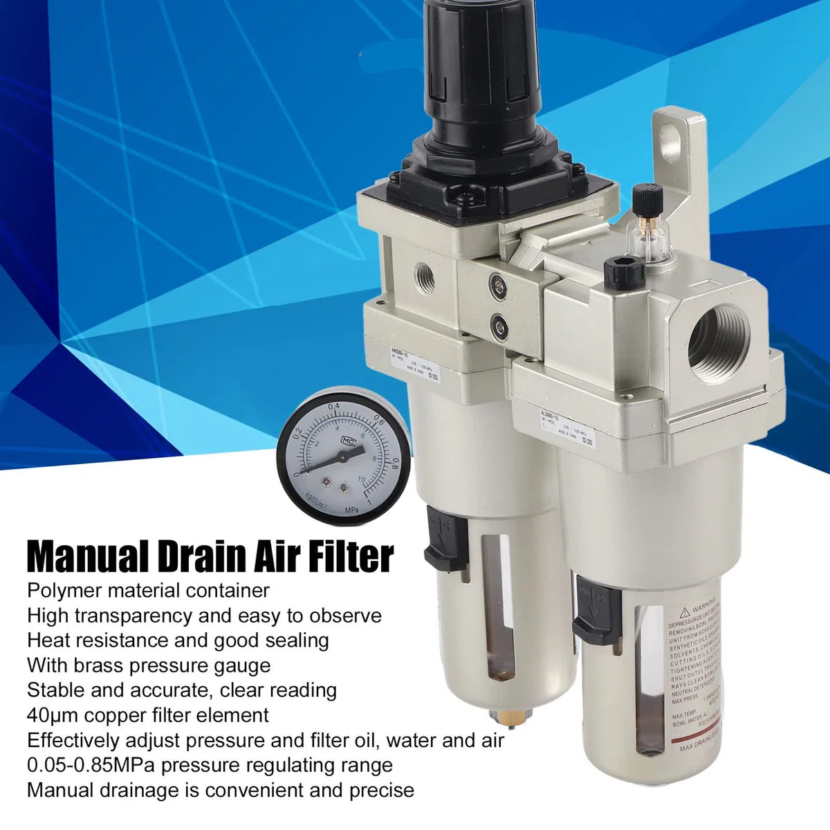 Régulateur de filtre à air comprimé, séparateur d'eau et d' avec manomètre en laiton et vidange manuelle, connexion G 1/4, élément en cuivre de 40 microns, plage de 0,05 à 0,85 (G1)
