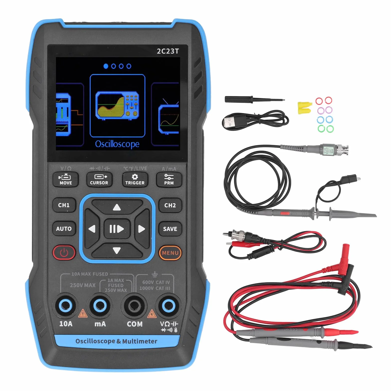 Oscilloscope Portatif 3 en 1 à Double Canal, Multimètre Générateur de, écran LCD HD de 2.8 Pouces