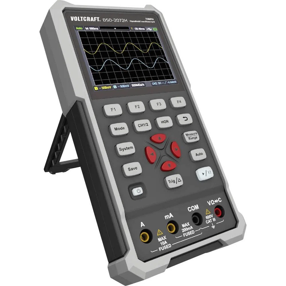 Oscilloscope portatif VOLTCRAFT DSO-2072H 70 MHz 2 canaux 250 Méch/s 8 kpts 8 bits appareil manuel, générateur de fonct