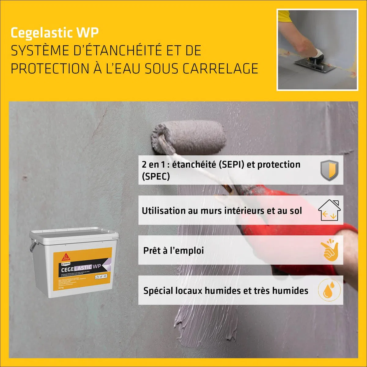 CEGECOL SIKA - Système de Protection à l’Eau sous Carrelage (SEPI) et d’Étanchéité de Plancher Intermédiaire (SEPI) - CEGELASTIC WP Gris - Idéal douche à l'italienne - Seau de 22 kg