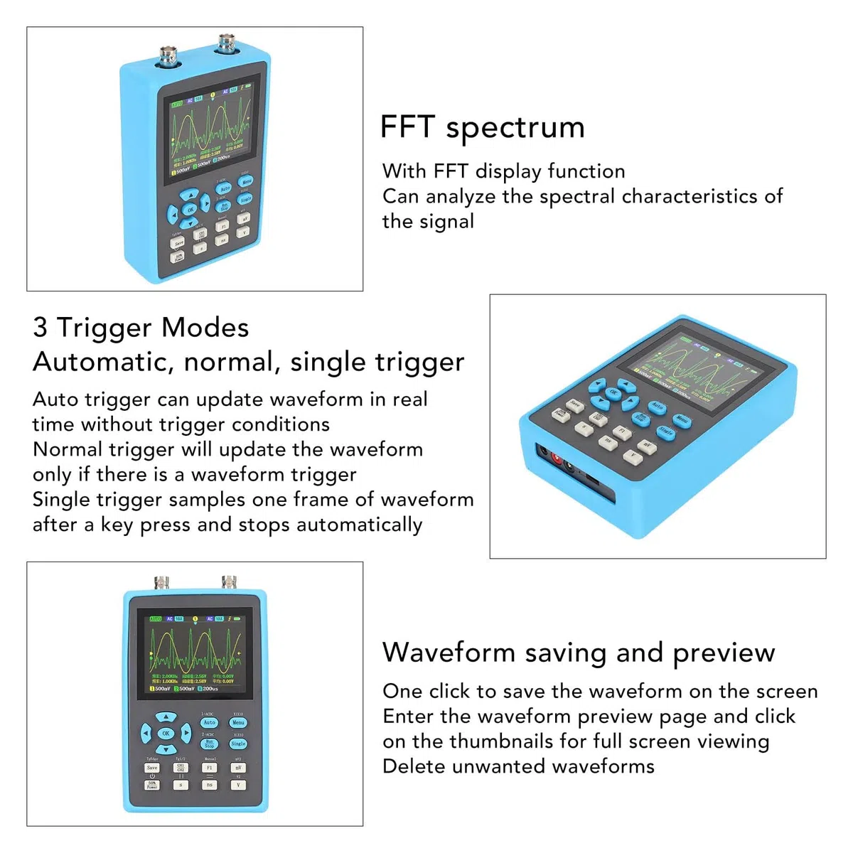 Oscilloscope Numérique avec Bande Passante 2 Canaux 120 MHz, Oscilloscope Numérique Portable, écran LCD rétroéclairé 2,8, 3 Modes, YT, XY, Roll, FFT