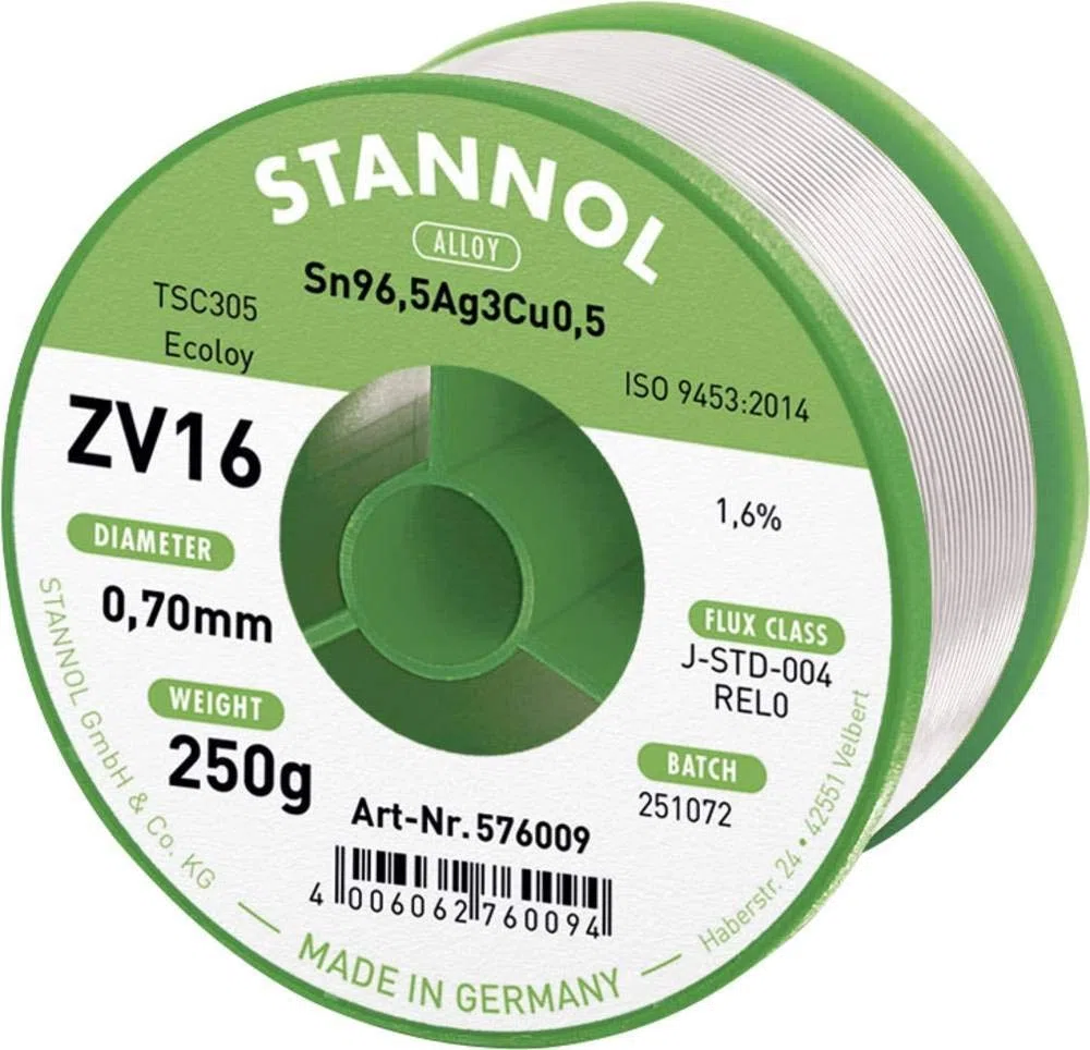 Stannol ZV16 Étain à souder sans plomb sans plomb Sn96,5Ag3Cu0,5 REL0 250 g 0.7 mm