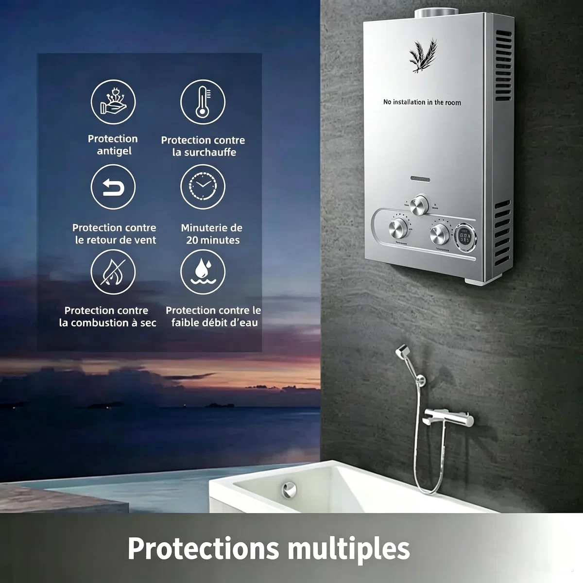 Générique 8L Chauffe-Eau à Gaz,8 L/Min,Instantané Chauffe Bain à Gaz Propane ou Butane,16KW Chaudière Instantanée à GPL avec Mode Hiver et Mode été pour Maison Camping Caravane