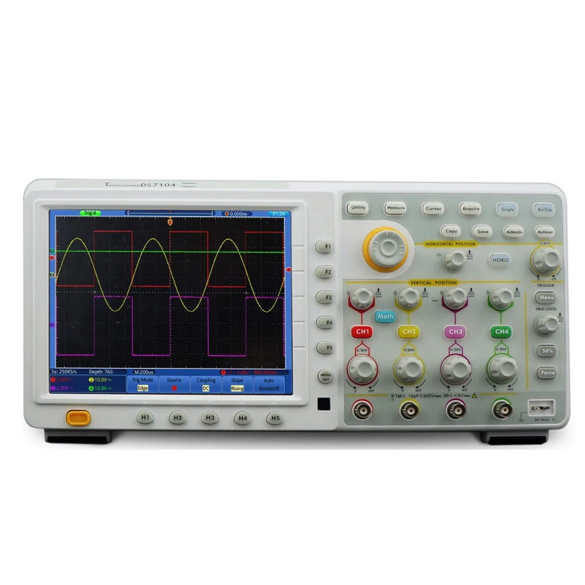 Oscilloscope numérique, la bande passante 100MHz 1GS / s Taux d'échantillonnage, DSO écran tactile 4 canaux, 7.6M Longueur d'enregistrement