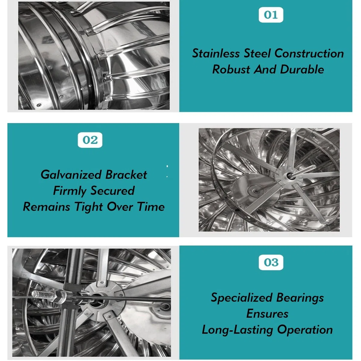 Aérations de turbine avec 4 pieds de montage, ventilateur de turbine de toit rotatif, capot d'usine non alimenté en acier inoxydable, pour une meilleure circulation de l'air