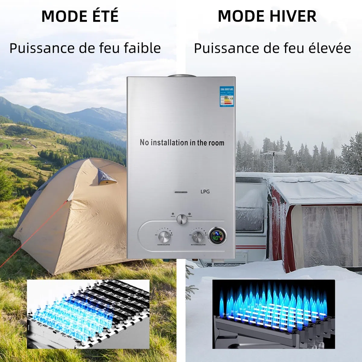 Générique 8L Chauffe-Eau à Gaz,8 L/Min,Instantané Chauffe Bain à Gaz Propane ou Butane,16KW Chaudière Instantanée à GPL avec Mode Hiver et Mode été pour Maison Camping Caravane