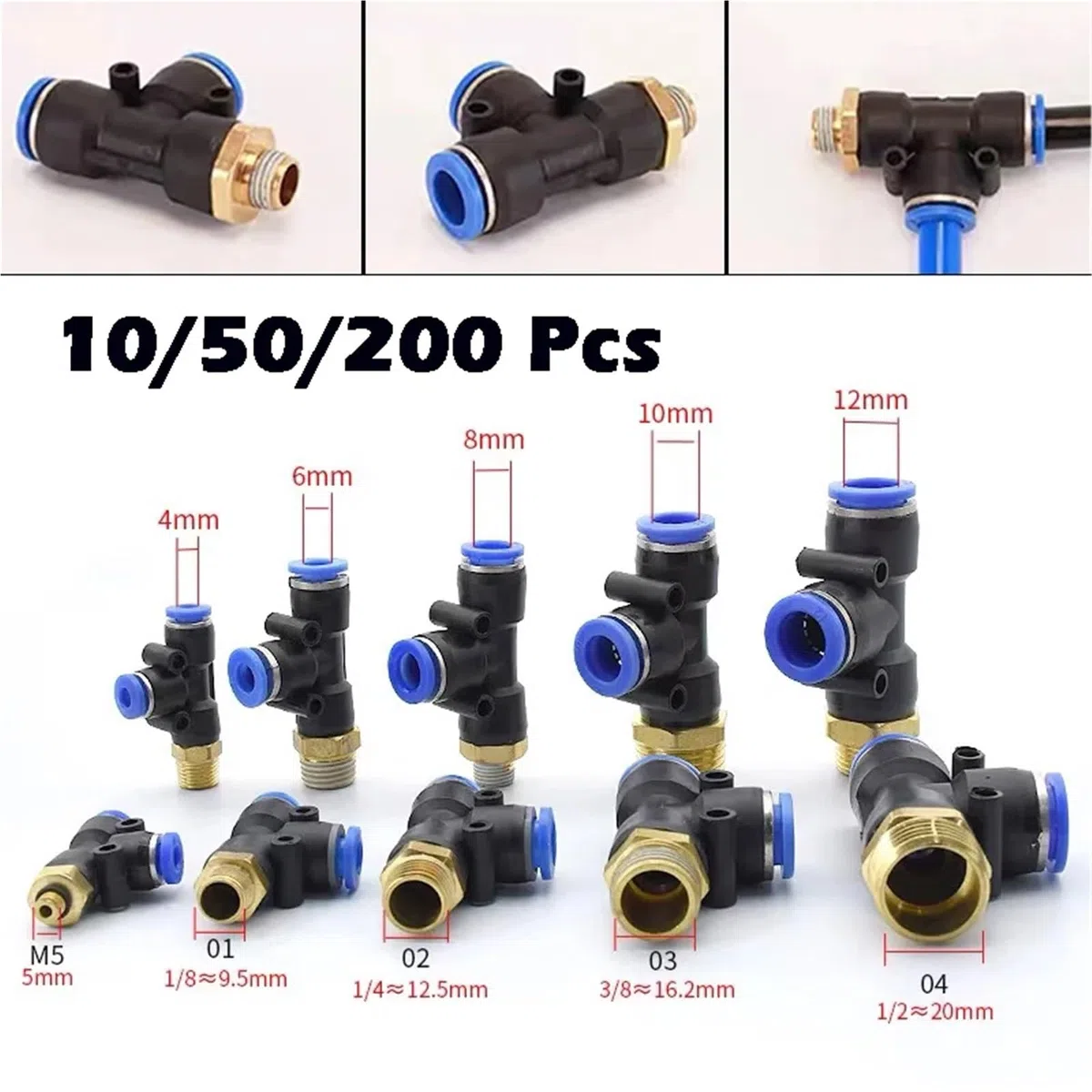 10PCS PD Tee Air Pneumatic Fittings Quick Connector 4mm 6mm 8mm 10mm 12mm to Male Thread M5 1/8" 1/4" 3/8" 1/2"(PD12-03) Fittings