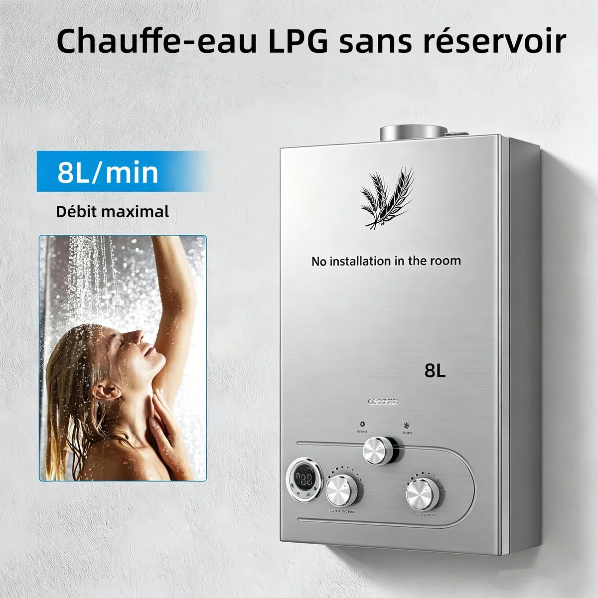 Générique 8L Chauffe-Eau à Gaz,8 L/Min,Instantané Chauffe Bain à Gaz Propane ou Butane,16KW Chaudière Instantanée à GPL avec Mode Hiver et Mode été pour Maison Camping Caravane